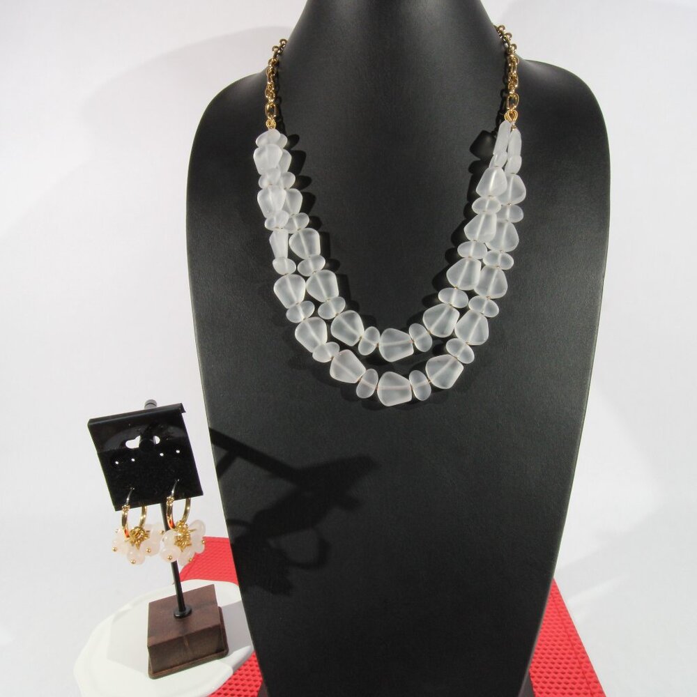 Vintage Talbots Gold Tone Necklace and Earring Set with Frosted Glass Beads